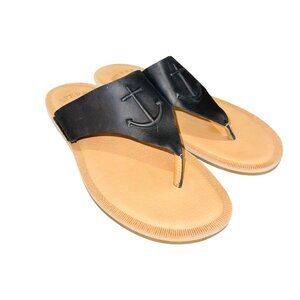 Sperry Seaport Black Leather Thong Womens 7 Anchor Flip Flops Sandals Resort